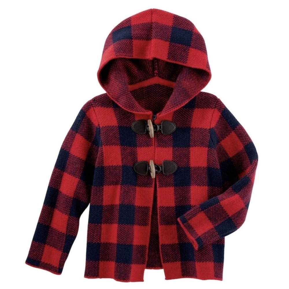 OshKosh B'gosh Red and Navy Plaid Hooded Toggle Jacket